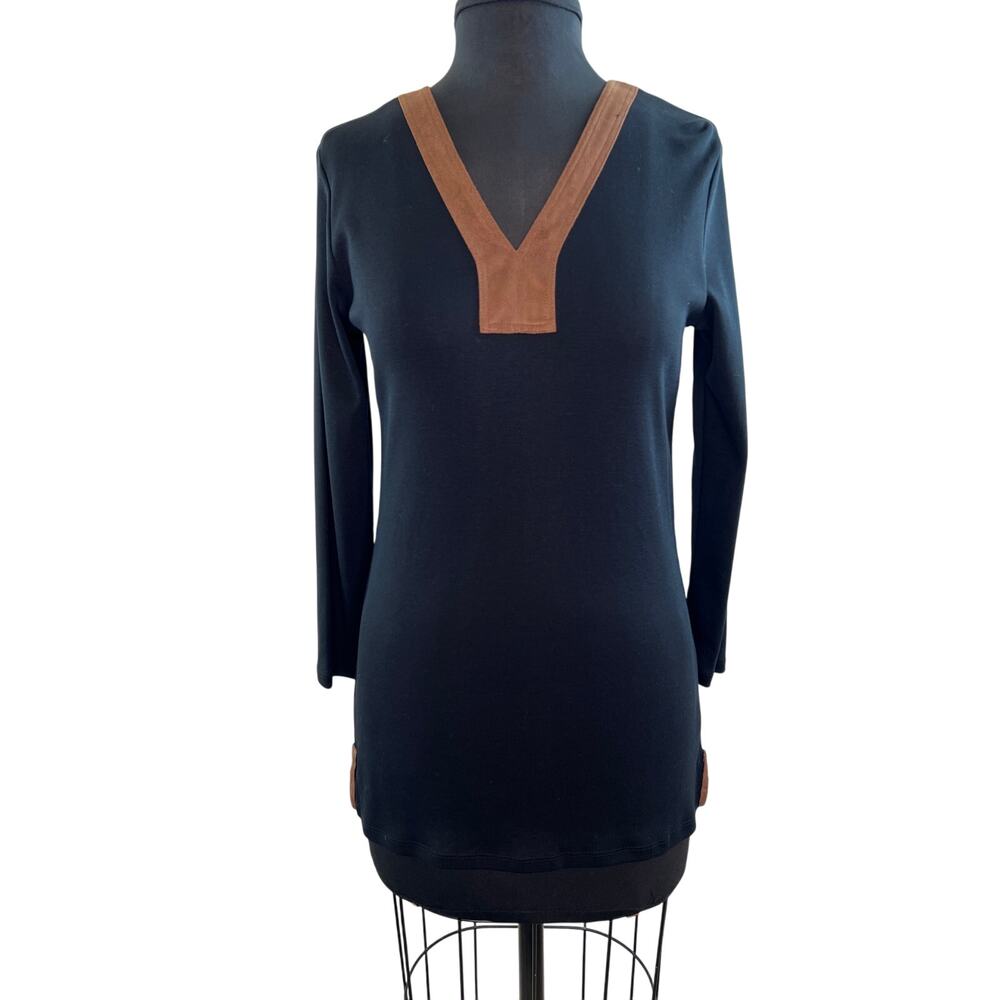 Lauren Ralph Lauren Black Brown Trim Long Sleeve Cotton Tunic Top M Medium NEW